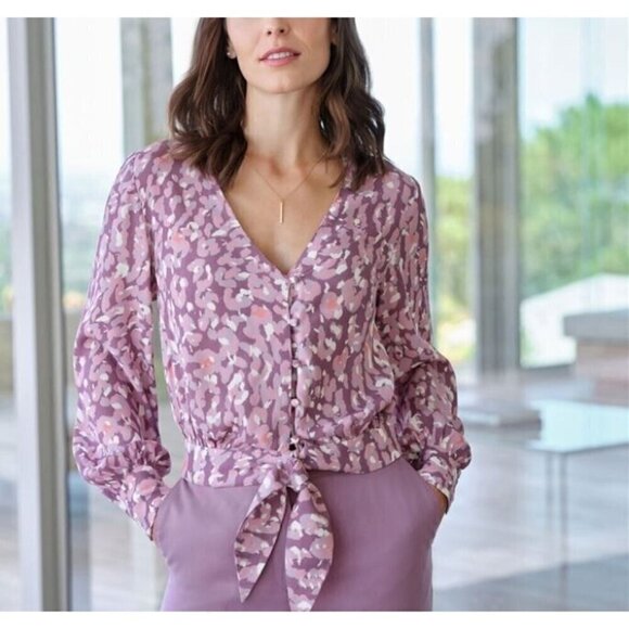 Pure Collection Top Womens 16 Purple Animal Print Tie Front Cropped Work Career - Picture 1 of 10